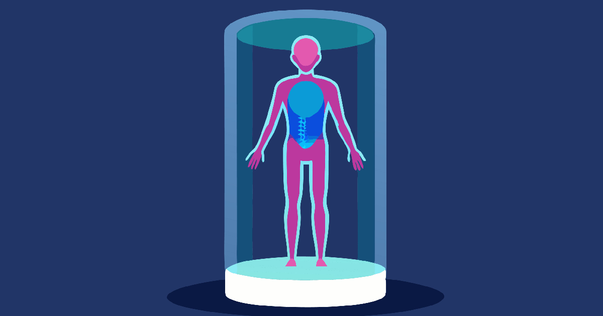 Illustration of a human body scan inside a futuristic chamber, representing Styku 3D Body Scanner in Humble, TX.